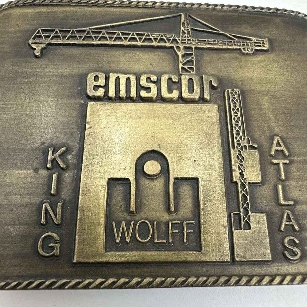 Emscor Brass Belt Buckle Gold Wolff Tower Crane King Atlas Houston TX Western